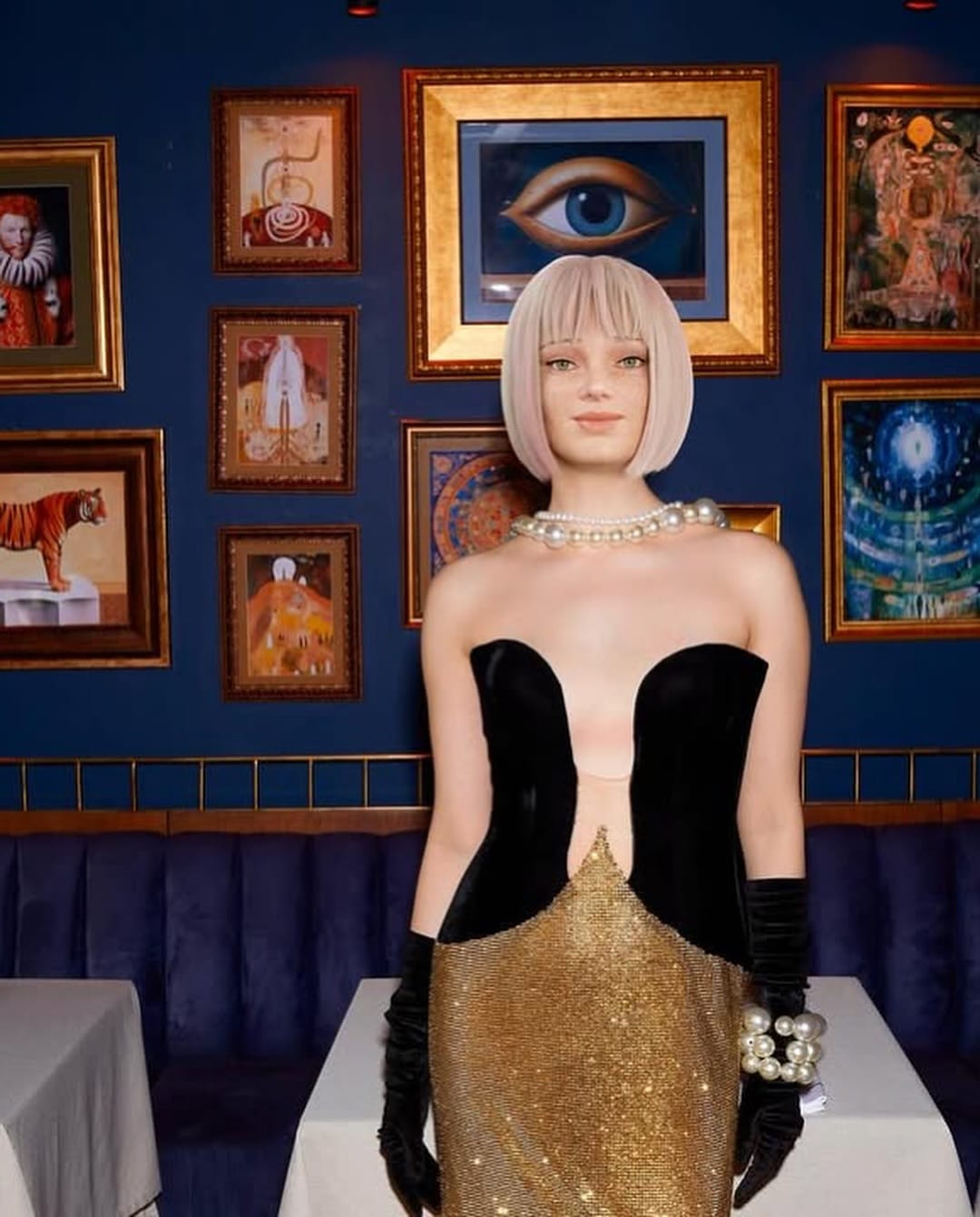 Virtual influencer Alara with platinum blonde bob haircut in black strapless dress and pearl necklace posing in upscale restaurant with framed artwork gallery wall