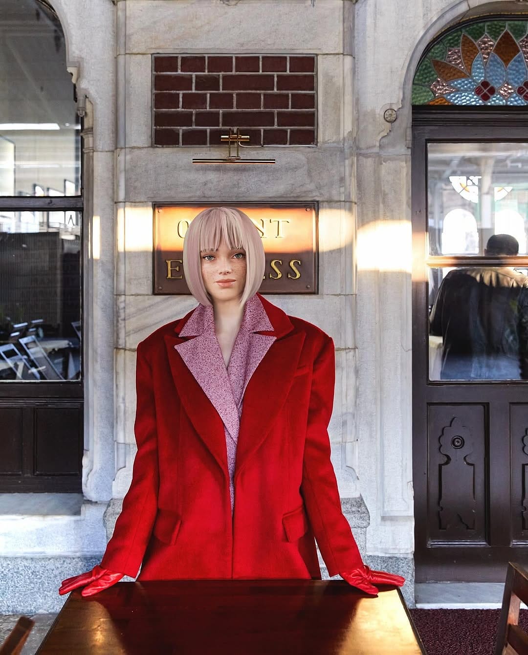 Virtual influencer Alara with blonde bob in red wool coat and pink glitter shirt standing outside historic building with ornate architecture