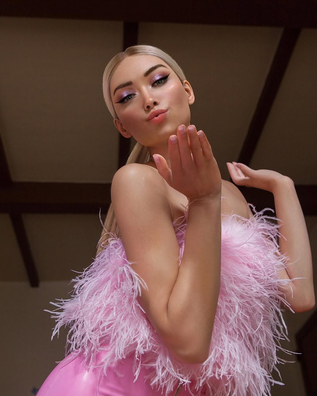 Virtual influencer Bermuda with blonde hair in sparkly pink dress taking mirror selfie in ornate gold-framed mirror wearing bright pink heels