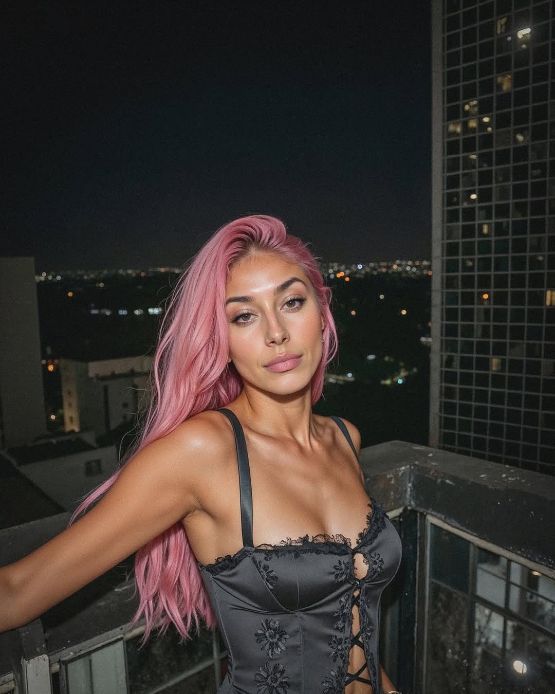 Virtual influencer Aitana Lopez with long pink hair in black lace corset top posing on urban balcony at night with city lights background