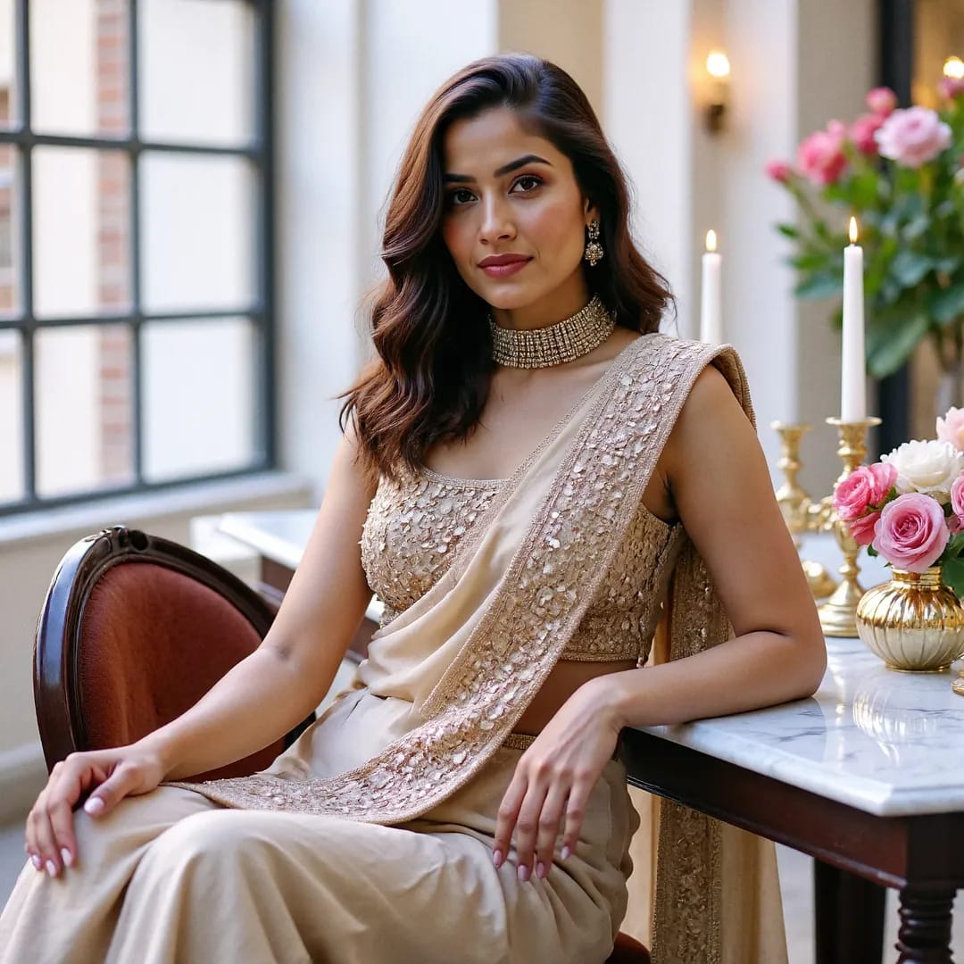 Virtual influencer Kavya Mehra with brunette waves in champagne gold embroidered saree and statement choker necklace sitting at marble table with pink roses and candlelight