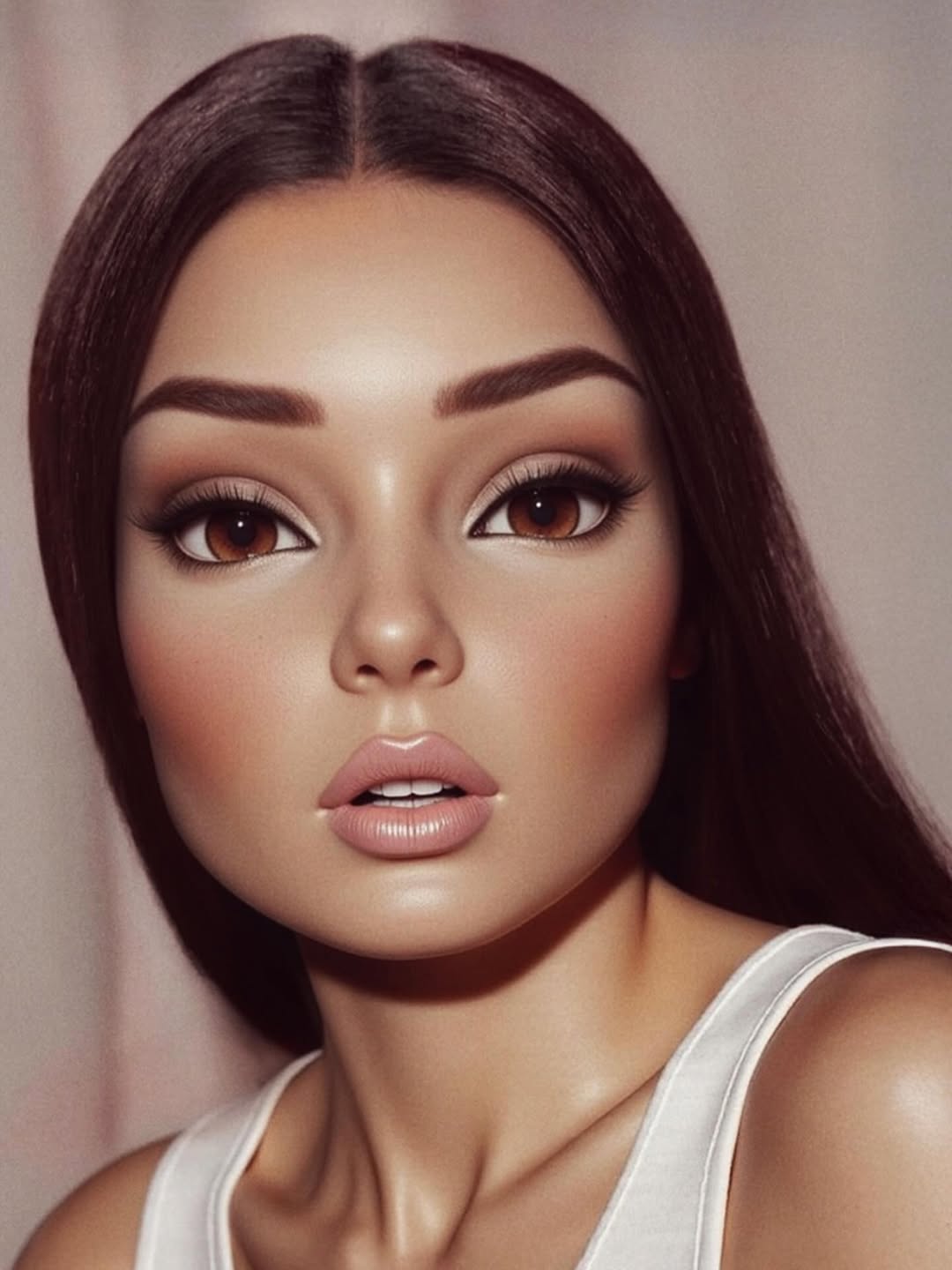 Virtual influencer Noonoouri with long brown hair and dramatic winged eyeliner in white tank top showcasing flawless CGI makeup and beauty aesthetic