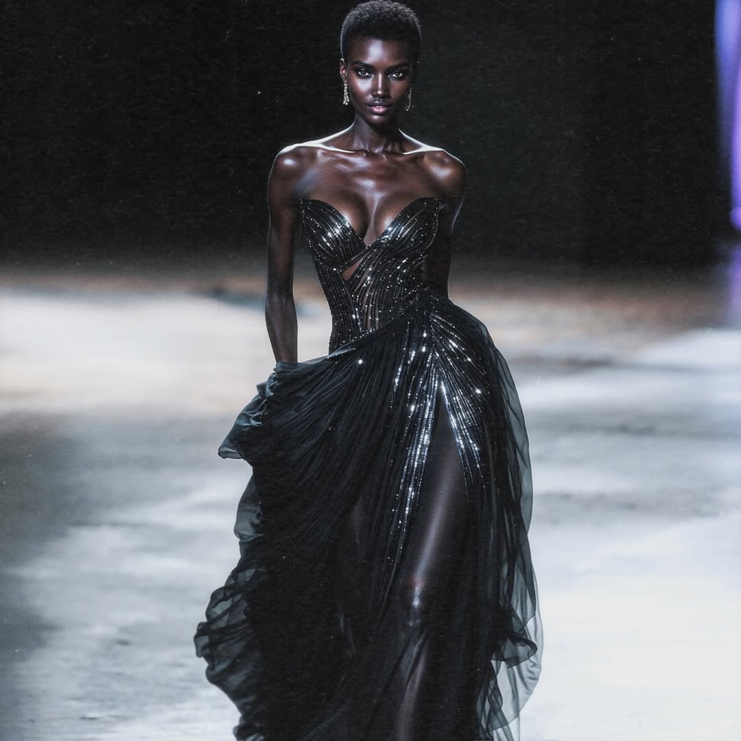 Virtual influencer and digital supermodel Shudu with short afro in dramatic black beaded strapless ball gown walking fashion runway with dramatic lighting and flowing tulle skirt