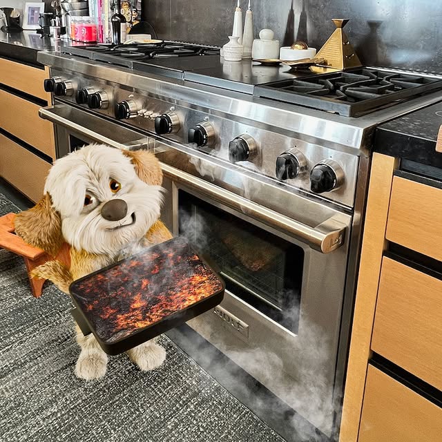 Virtual influencer Clydeo animated white fluffy dog character holding burnt baking tray in modern kitchen with professional stainless steel stove