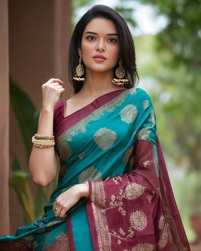 Virtual influencer Kyra with long dark hair in turquoise and burgundy silk saree with gold embroidery and traditional jhumka earrings outdoors